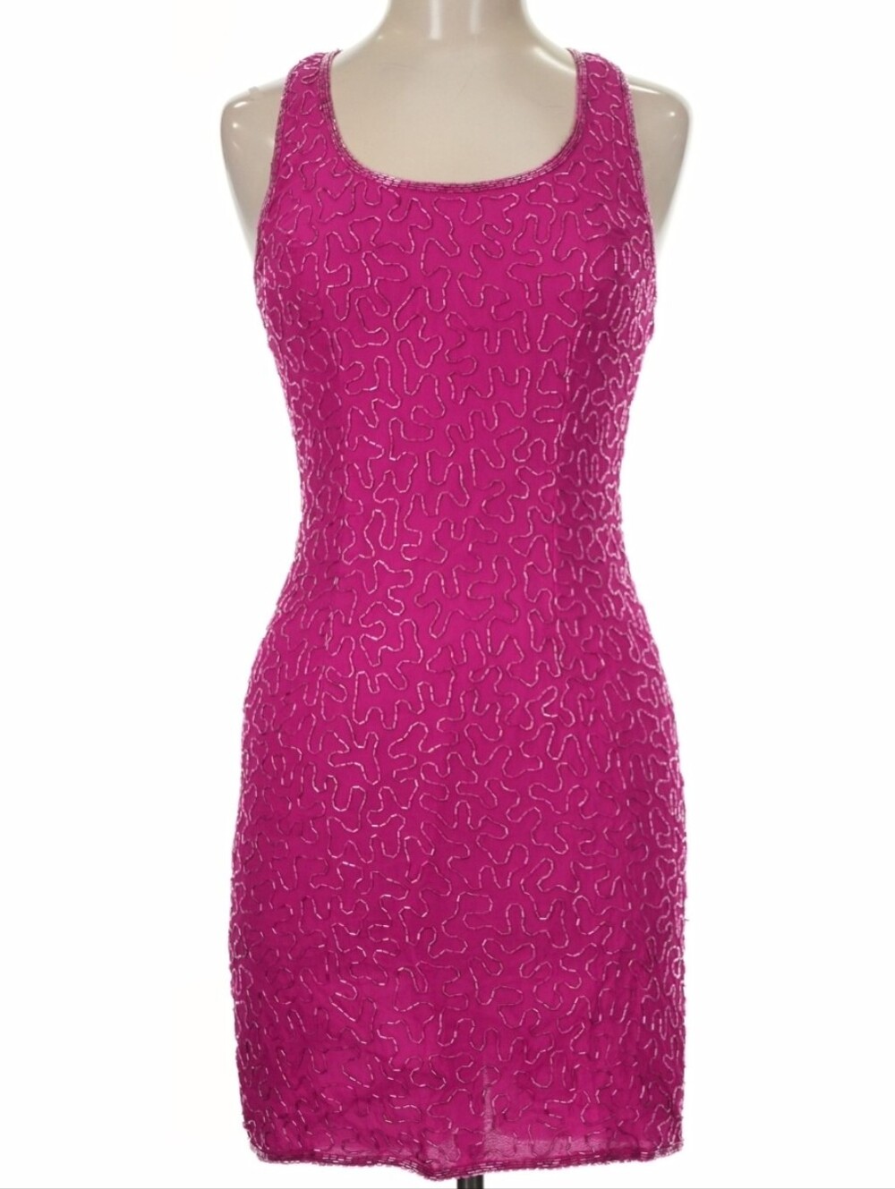 Ibiza 100% Silk Hot Pink Beaded Mini Dress M Y2K Cocktail Party